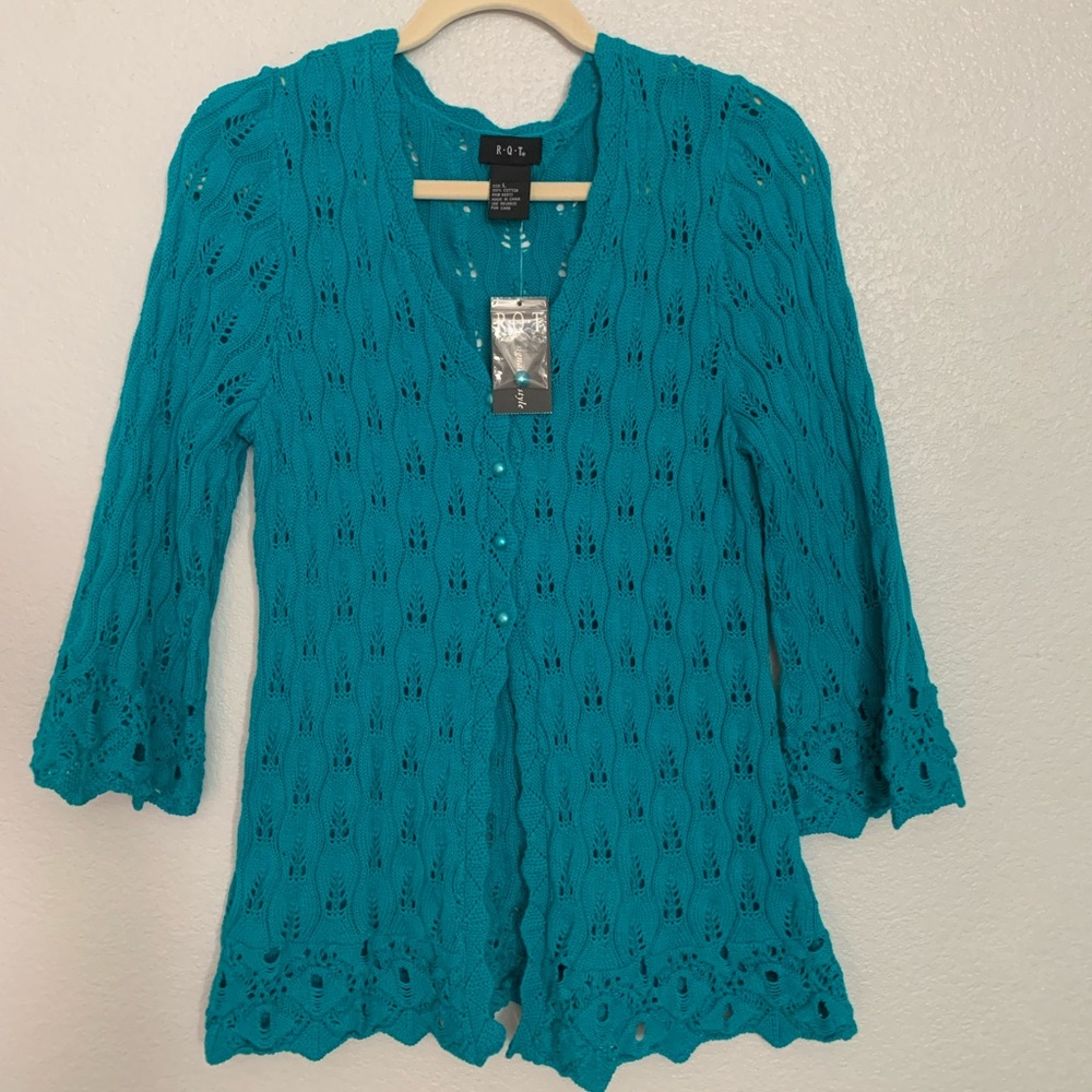 NWT RQT Elegant Turquoise Boho Crochet Grannycore Beach Knit Cover up Cardigan